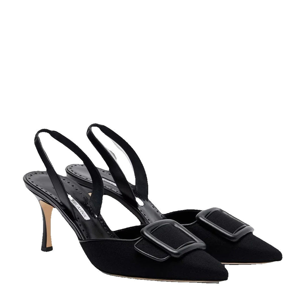 MANOLO BLAHNIK MAYSLIBI BUCKLED LEATHER-TRIMMED VELVET SLINGBACK PUMPS BLACK