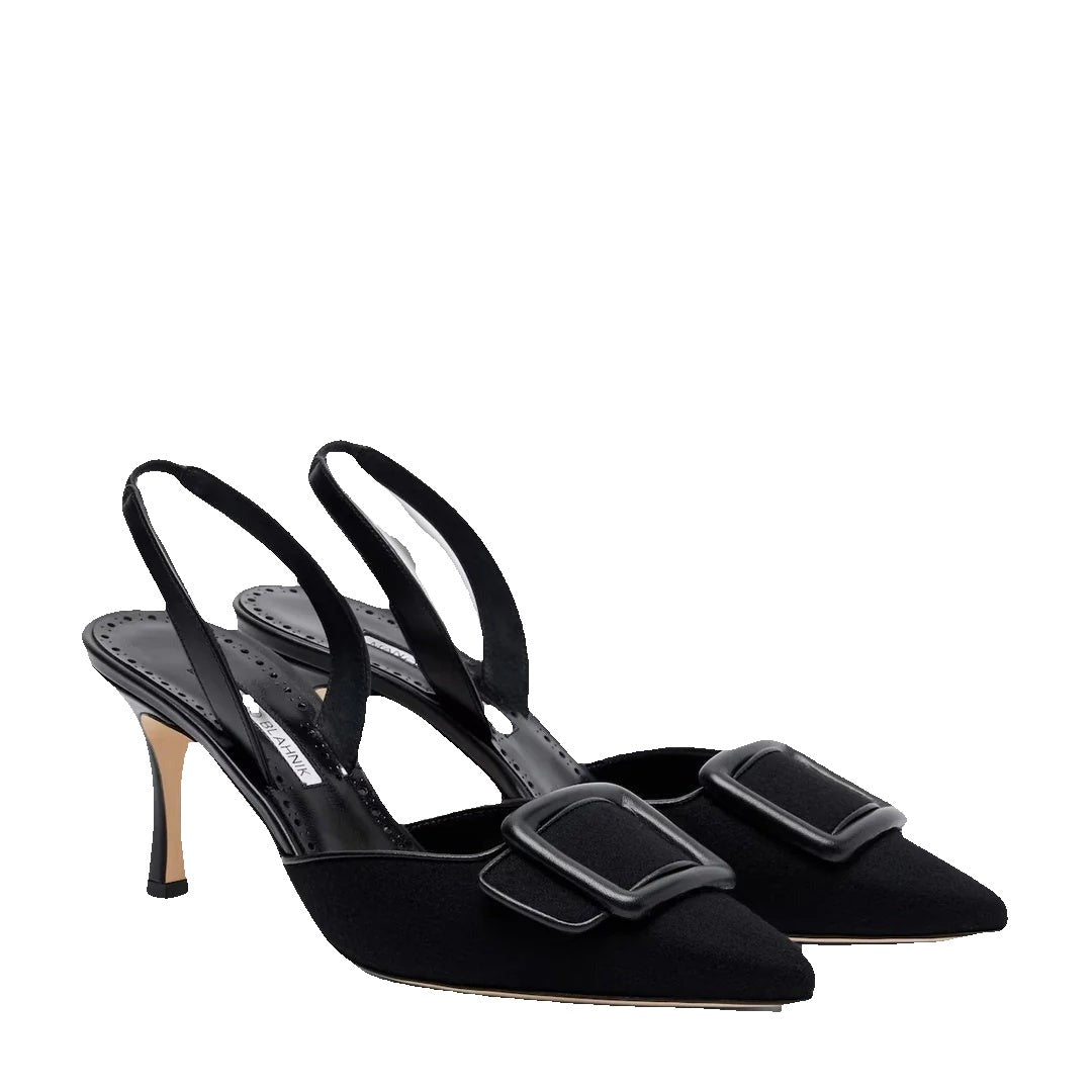 MANOLO BLAHNIK MAYSLIBI BUCKLED LEATHER-TRIMMED VELVET SLINGBACK PUMPS BLACK