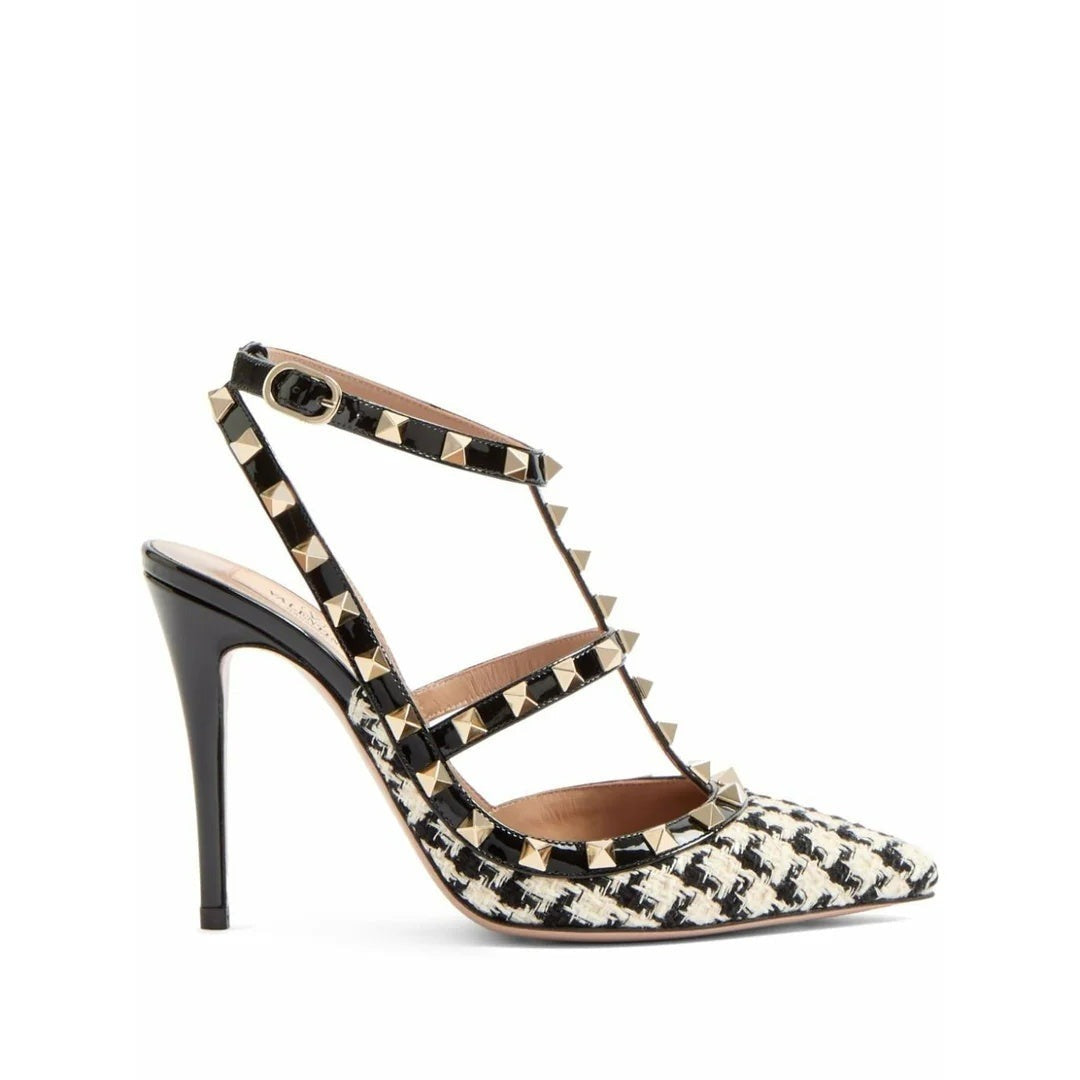 VALENTINO GARAVANI ROCKSTUD SUEDE PUMPS 100MM BLACK & WHITE HOUNDSTOOTH