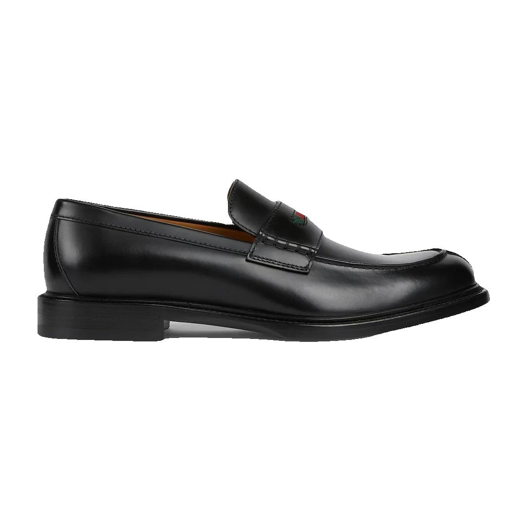 GUCCI COMO LOAFER, LEATHER BLACK WITH WEB & CREST DETAIL