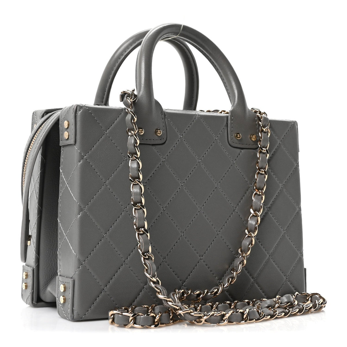 CALFSKIN QUILTED STUDDED SQUARE VANITY CASE GREY