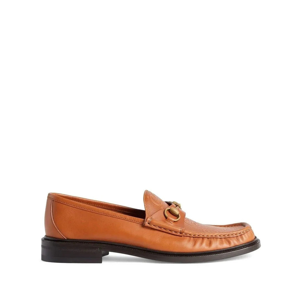 GUCCI EDGAR HORSEBIT-EMBELLISHED LEATHER LOAFERS TAN & ORANGE