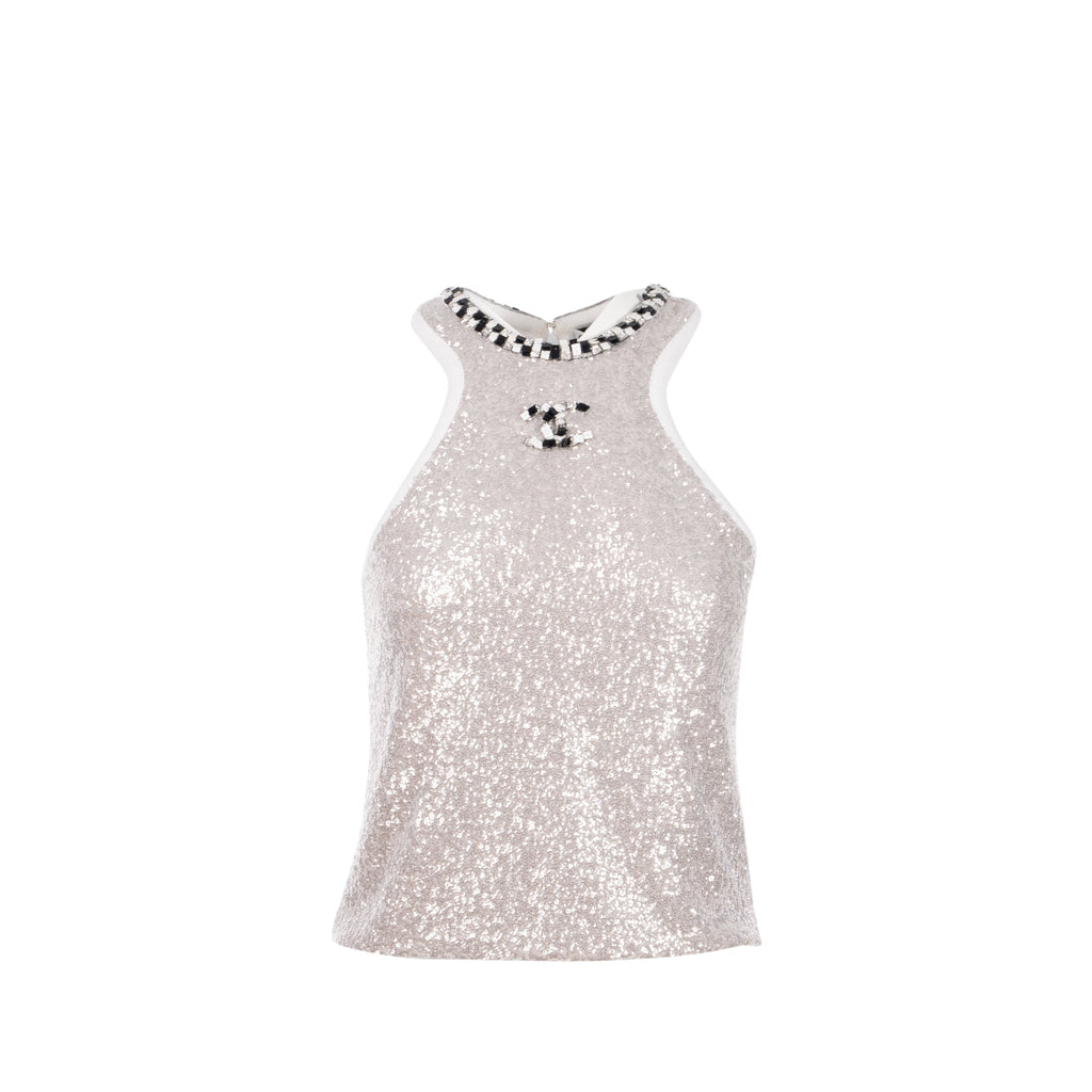 chanel-size-36-23c-short-u-neck-plain-logo-cropped-tank-polyester-elastane-silver-white-black