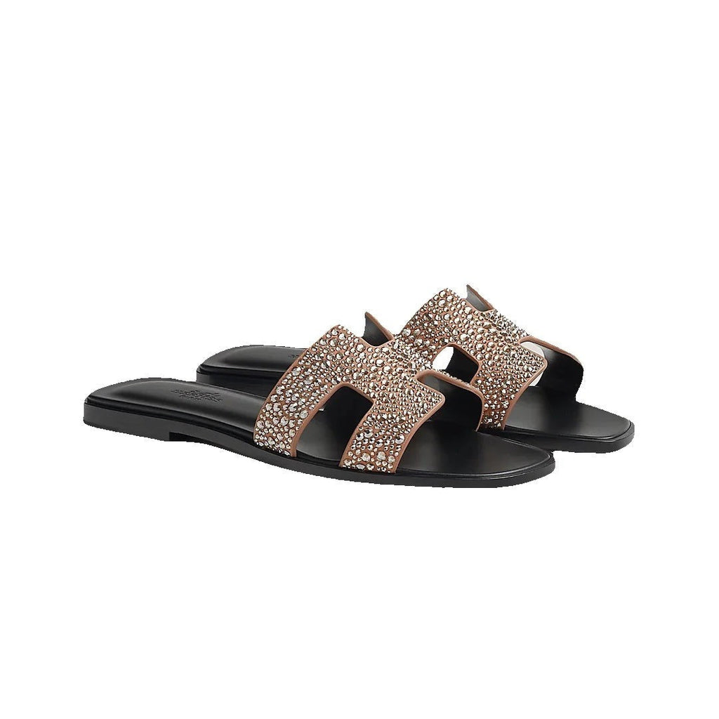 HERMÈS HERMES CALFSKIN CANVAS ORAN SANDAL NOISETTE BEIGE DORE BLACK WITH CRYSTALS