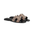 HERMÈS HERMES CALFSKIN CANVAS ORAN SANDAL NOISETTE BEIGE DORE BLACK WITH CRYSTALS
