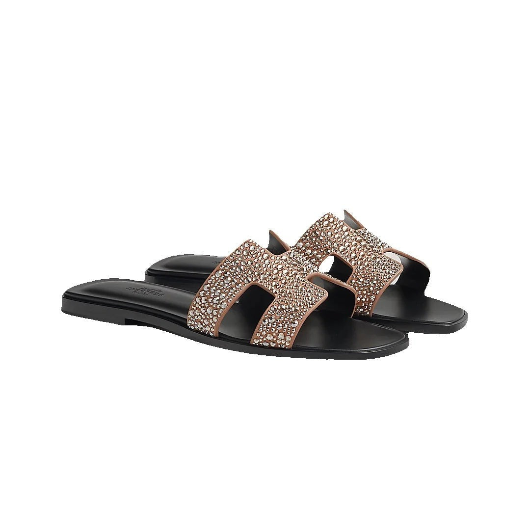 HERMÈS HERMES CALFSKIN CANVAS ORAN SANDAL NOISETTE BEIGE DORE BLACK WITH CRYSTALS