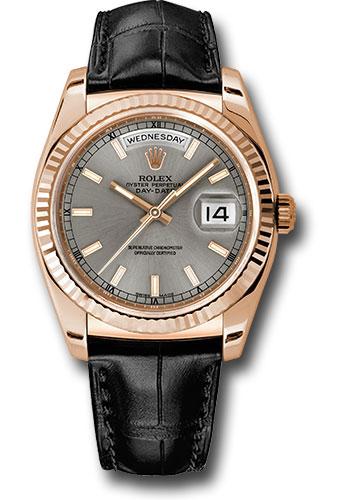 rolex-everose-gold-day-date-36-watch-fluted-bezel-rhodium-index-dial-black-leather-118135-rhl