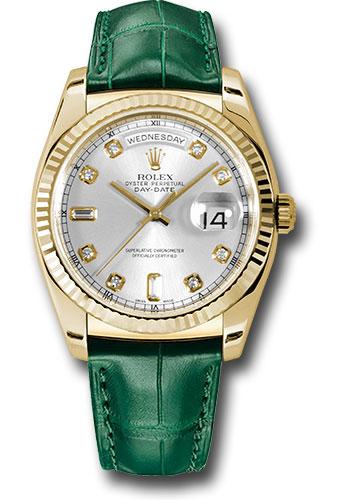 rolex-yellow-gold-day-date-36-watch-fluted-bezel-silver-diamond-dial-green-leather-118138-sdl