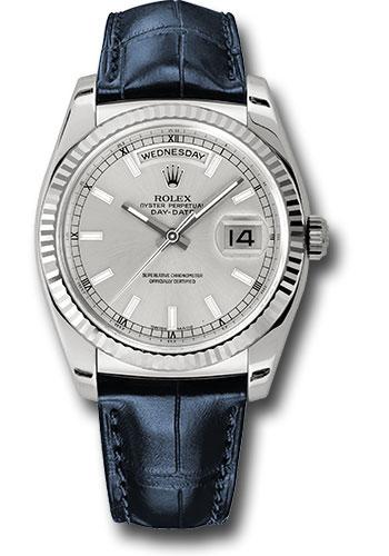 rolex-white-gold-day-date-36-watch-fluted-bezel-silver-index-dial-blue-leather-118139-sibl