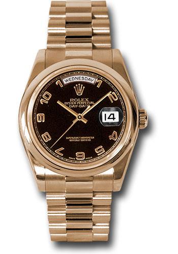 rolex-pink-gold-day-date-36-watch-domed-bezel-black-arabic-dial-president-bracelet-118205-bkap