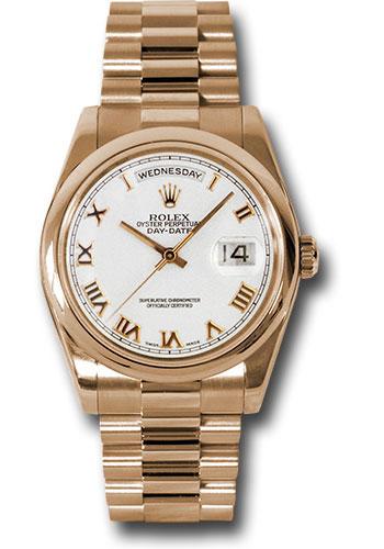 rolex-pink-gold-day-date-36-watch-domed-bezel-white-roman-dial-president-bracelet-118205-wrp