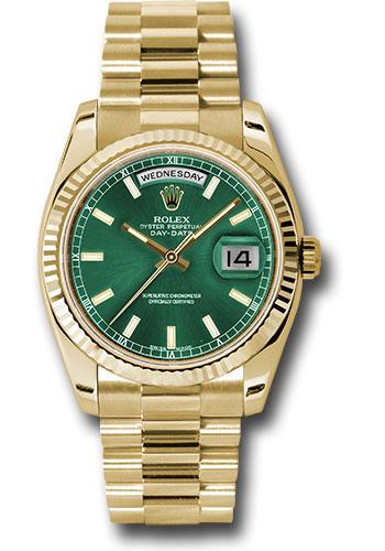 rolex-yellow-gold-day-date-36-watch-fluted-bezel-green-index-dial-president-bracelet-118238-grip