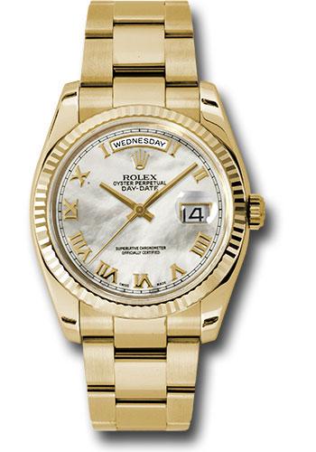 rolex-yellow-gold-day-date-36-watch-fluted-bezel-mother-of-pearl-roman-dial-oyster-bracelet-118238-mro