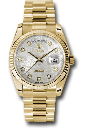 rolex-yellow-gold-day-date-36-watch-fluted-bezel-silver-jubilee-diamond-dial-president-bracelet-118238-sjdp