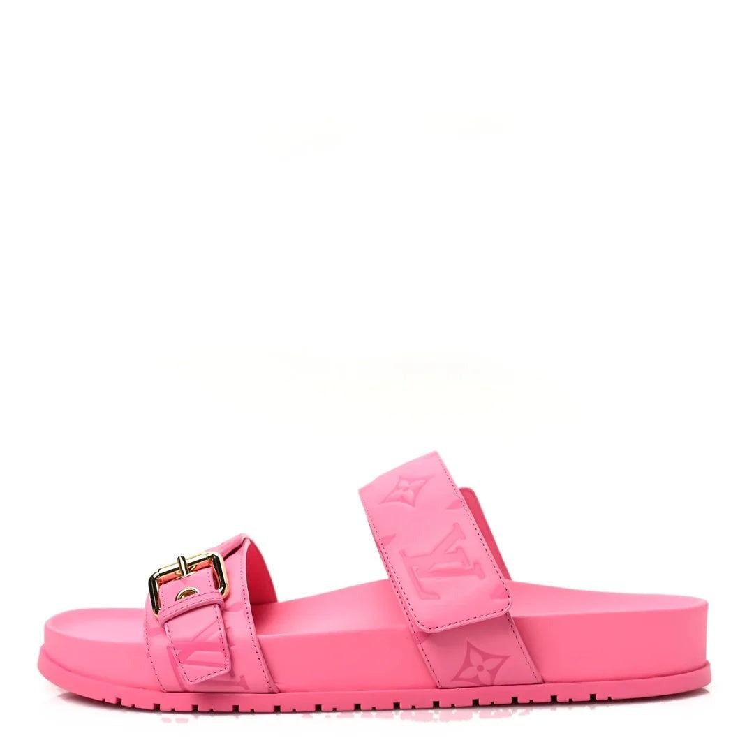 LOUIS VUITTON PATENT MONOGRAM BOM DIA FLAT MULE SANDAL PINK