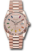 rolex-everose-gold-day-date-36-watch-fluted-bezel-diamond-paved-rainbow-sapphire-dial-president-bracelet-128235-dprsp