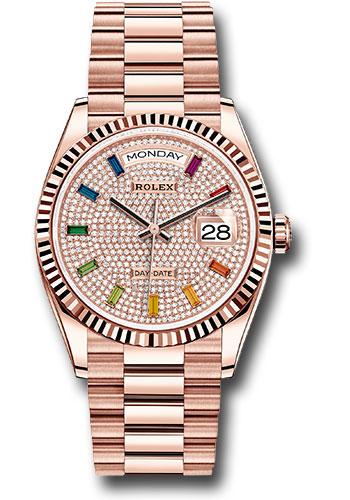 rolex-everose-gold-day-date-36-watch-fluted-bezel-diamond-paved-rainbow-sapphire-dial-president-bracelet-128235-dprsp