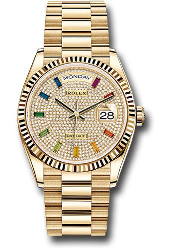 rolex-yellow-gold-day-date-36-watch-fluted-bezel-diamond-paved-rainbow-sapphire-dial-president-bracelet-128238-dprsp