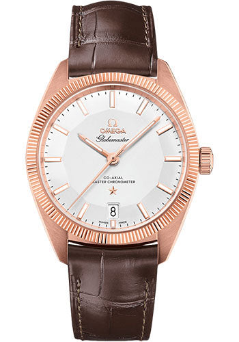 omega-constellation-globemaster-co-axial-master-chronometer-watch-39-mm-sedna-gold-case-fluted-bezel-silvery-dial-brown-leather-strap-130-53-39-21-02-001