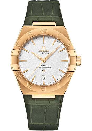 omega-constellation-omega-co-axial-master-chronometer-39-mm-yellow-gold-case-white-silvery-dial-olive-leather-strap-131-53-39-20-02-002