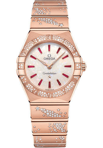 omega-constellation-quartz-28-mm-sedna-gold-case-diamond-bezel-white-opal-ruby-dial-131-55-28-60-99-003