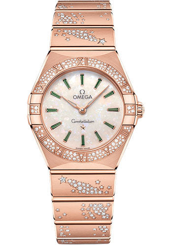 omega-constellation-quartz-28-mm-sedna-gold-case-diamond-bezel-white-opal-emerald-dial-131-55-28-60-99-004