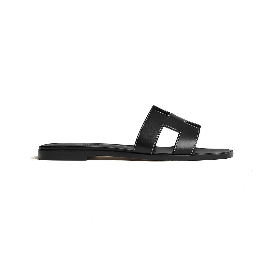 HERMÈS HERMES BOX CALFSKIN ORAN SANDAL ROUGE TOMETTE BLACK