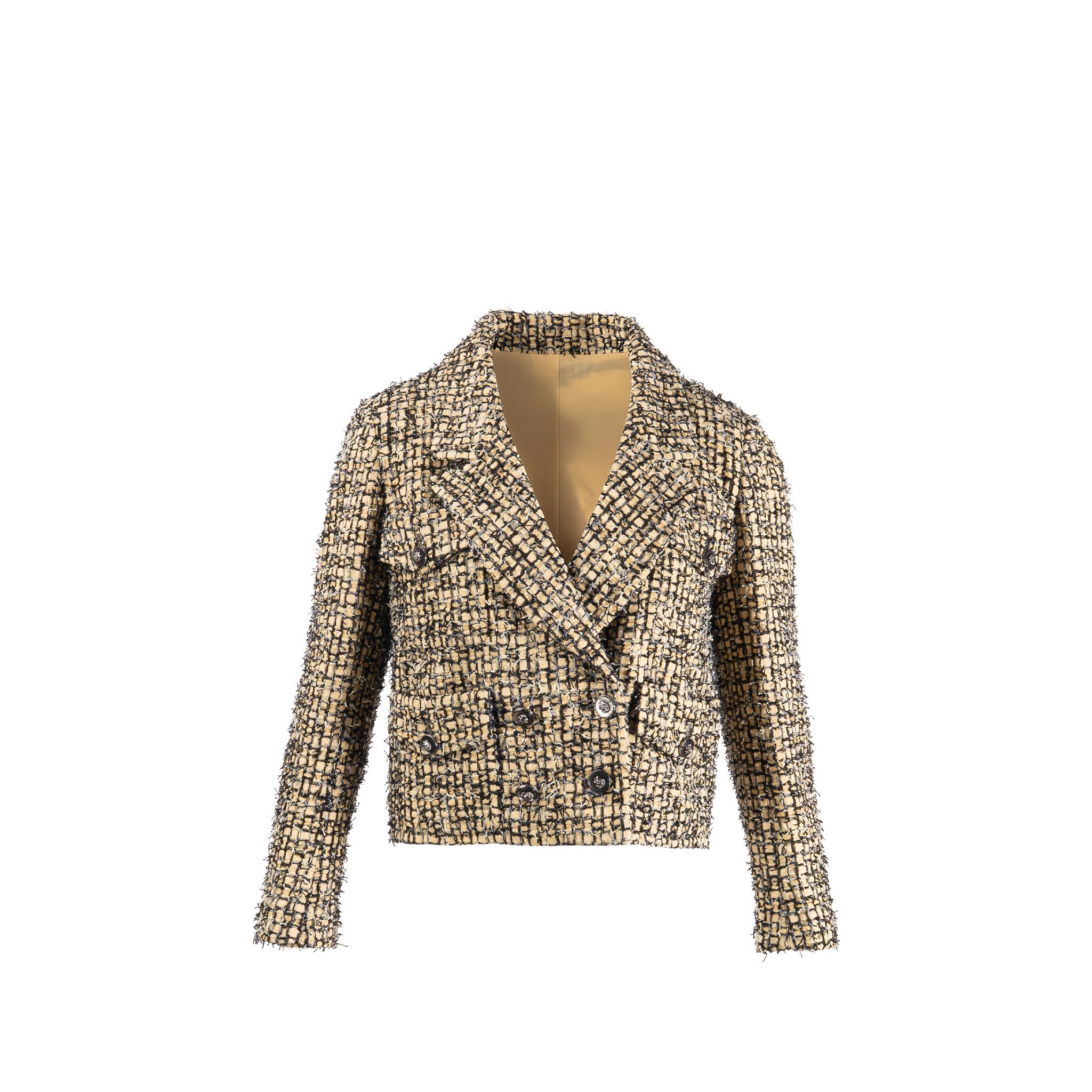 chanel-size-34-22p-lion-button-jacket-polyester-cotton-linen-yellow-black-gray