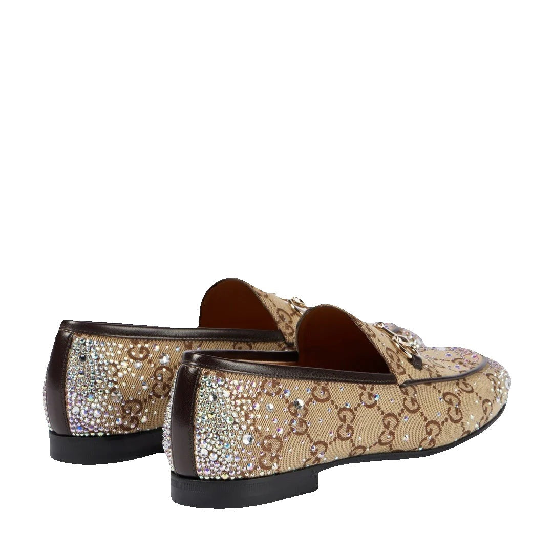 GUCCI GOATSKIN BEE STAR EMBROIDERED JORDAAN LOAFERS BEIGE WITH CRYSTALS