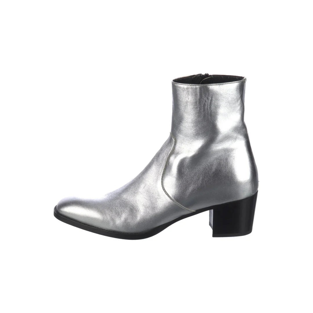 SAINT LAURENT 70MM BUCKLE-DETAIL CALF-LEATHER BOOTS SILVER