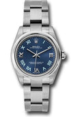 rolex-steel-oyster-perpetual-31-watch-domed-bezel-azzuro-blue-gold-iii-vi-ix-roman-dial-177200-blro