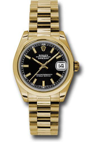 rolex-yellow-gold-datejust-31-watch-domed-bezel-black-concentric-circle-index-dial-president-bracelet-178248-bkip