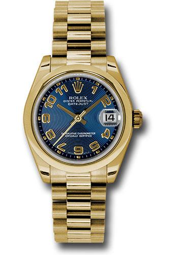 rolex-yellow-gold-datejust-31-watch-domed-bezel-blue-concentric-circle-arabic-dial-president-bracelet-178248-blcap