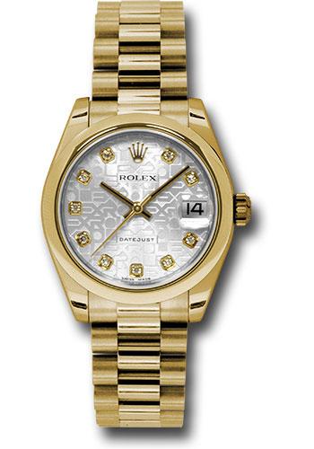 rolex-yellow-gold-datejust-31-watch-domed-bezel-silver-jubilee-diamond-dial-president-bracelet-178248-sjdp