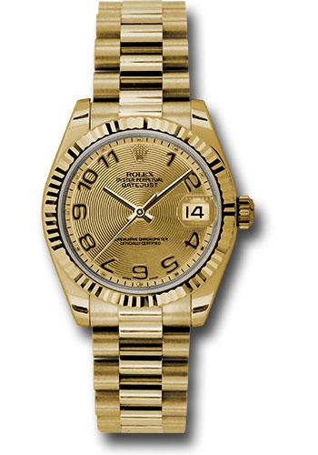 rolex-yellow-gold-datejust-31-watch-fluted-bezel-champagne-concentric-circle-arabic-dial-president-bracelet-178278-chcap