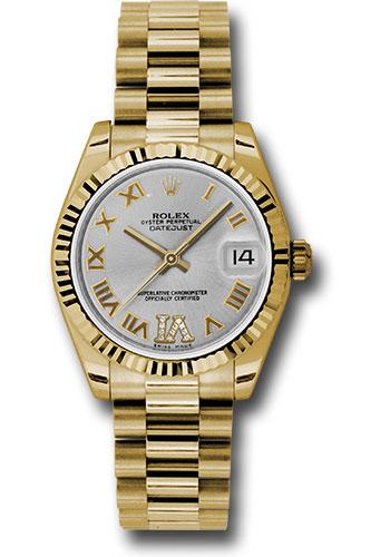 rolex-yellow-gold-datejust-31-watch-fluted-bezel-silver-diamond-roman-vi-roman-dial-president-bracelet-178278-sdrp