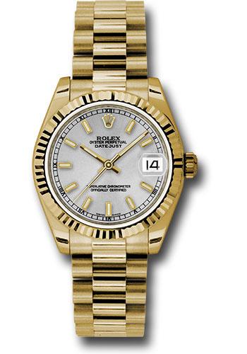 rolex-yellow-gold-datejust-31-watch-fluted-bezel-silver-diamond-roman-vi-index-dial-president-bracelet-178278-sip