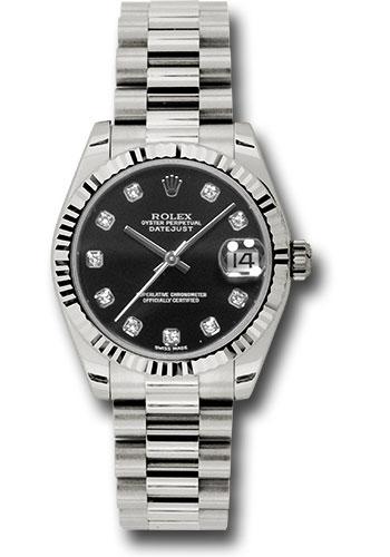 rolex-white-gold-datejust-31-watch-fluted-bezel-black-diamond-dial-president-bracelet-178279-bkdp