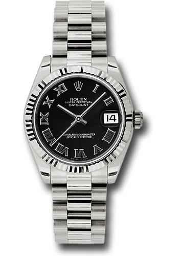 rolex-white-gold-datejust-31-watch-fluted-bezel-black-roman-dial-president-bracelet-178279-bkrp
