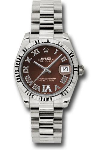 rolex-white-gold-datejust-31-watch-fluted-bezel-bronze-diamond-roman-vi-roman-dial-president-bracelet-178279-brdrp