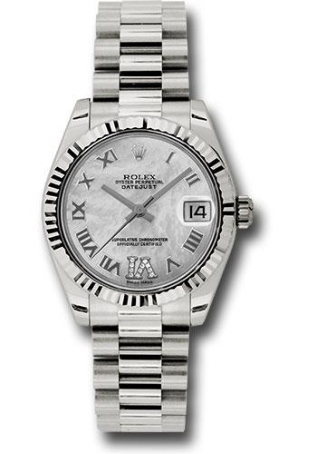 rolex-white-gold-datejust-31-watch-fluted-bezel-mother-of-pearl-diamond-roman-vi-roman-dial-president-bracelet-178279-mdrp