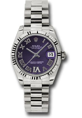 rolex-white-gold-datejust-31-watch-fluted-bezel-purple-diamond-roman-vi-roman-dial-president-bracelet-178279-pdrp