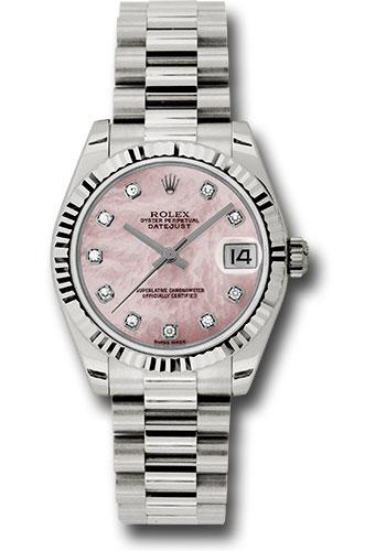 rolex-white-gold-datejust-31-watch-fluted-bezel-pink-mother-of-pearl-diamond-dial-president-bracelet-178279-pmdp