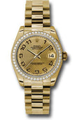 rolex-yellow-gold-datejust-31-watch-48-diamond-bezel-champagne-concentric-circle-arabic-dial-president-bracelet-178288-chcap