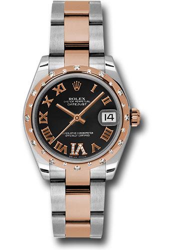 rolex-steel-and-everose-gold-datejust-31-watch-24-diamond-bezel-black-diamond-roman-vi-roman-dial-oyster-bracelet-178341-bkdro