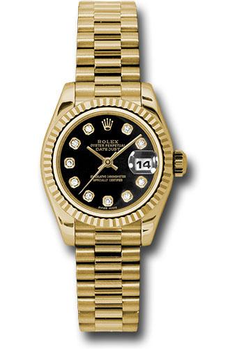 rolex-yellow-gold-lady-datejust-26-watch-fluted-bezel-black-diamond-dial-president-bracelet-179178-bkdp