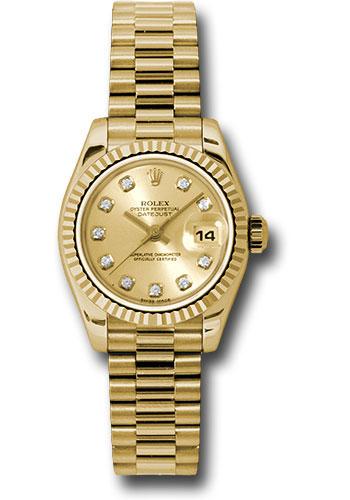 rolex-yellow-gold-lady-datejust-26-watch-fluted-bezel-champagne-diamond-dial-president-bracelet-179178-chdp