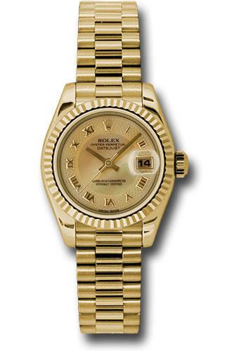 rolex-yellow-gold-lady-datejust-26-watch-fluted-bezel-champagne-decorated-mother-of-pearl-roman-dial-president-bracelet-179178-chmdrp