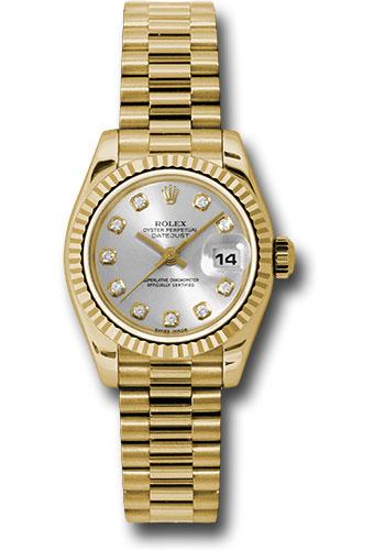 rolex-yellow-gold-lady-datejust-26-watch-fluted-bezel-silver-diamond-dial-president-bracelet-179178-sdp
