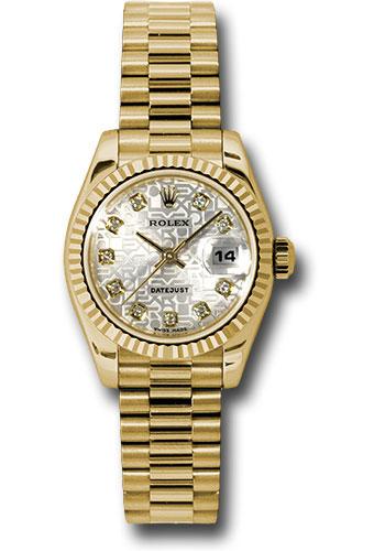 rolex-yellow-gold-lady-datejust-26-watch-fluted-bezel-silver-jubilee-diamond-dial-president-bracelet-179178-sjdp